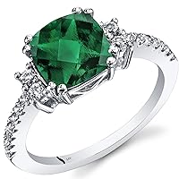 PEORA Created Emerald Ring in 14K White Gold with Genuine White Topaz, Designer Cushion Cut, 2 Carats, Comfort Fit, Sizes 5 to 9