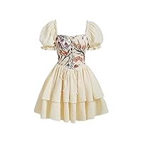 Dress Floral Print Lace Up Front Puff Sleeve Dress (Color : Multicolor, Size : Small)