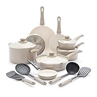 GreenLife Soft Grip Healthy Ceramic Nonstick 16 Piece Kitchen Cookware Pots and Frying Sauce Saute Pans Set, PFAS-Free with Kitchen Utensils and Lid, Dishwasher Safe, Taupe