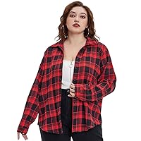 RITERA Women Plus Size Tops Casual Long Sleeve Button Up Plaid Tunic Work Blouse Color Block Loose Casual Baggy Tee Shirts Fashion Black Red 4XL 26W