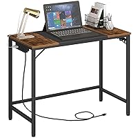 Computer Desk, Home Office Desk with Power Outlet, Modern Study Writing Desk with 3 Hooks for Study Room, Home Office, Sturdy and Stable, Easy to Assemble, Rustic Brown and Black BF40UDN01