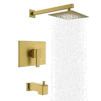 KENES Brushed Gold Tub and Shower Trim Kit, Modern Shower Faucet Set with Single-Spray Gold Shower Head, Square Shower Faucet, KE-6024A-4 (Shower Valve Included)