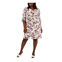 Connected Apparel Womens White Pleated Sheer Partially Line Pullover Floral 3/4 Sleeve Round Neck Knee Length Sheath Dress Plus 24W