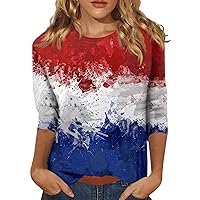 Women Fourth of July Shirt 3/4 Sleeve Tops American Flag Blouses Summer Casual Shirts Crew Neck Striped Graphic Tee