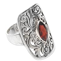 NOVICA Artisan Handmade Garnet Cocktail Ring Leaves on .925 Sterling Silver with Red Indonesia Fiesta Birthstone 'Nature's Shield'