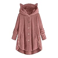 Women 2023 Winter Fashion Fuzzy Fleece Hooded Jacket Warm Button Down Thick Shaggy Faux Fur Cardigan Coat Outerwear