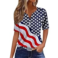Womens Short Sleeve Tops Trendy V Neck Henley Fourth of July T Shirts Graphic Tees Fashion Ladies Button Blouses