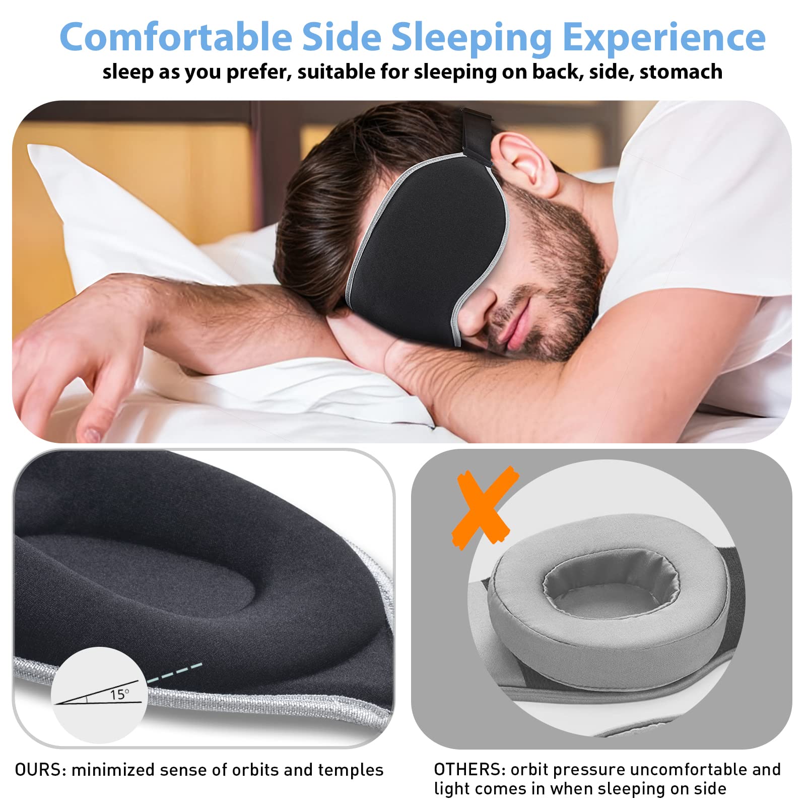 3D Sleep Mask for Side Sleeper, 100% Light Blocking Sleeping Eye Mask for  Women Men, Contoured Cup Night Blindfold, Luxury Eye Cover Eye Shade with