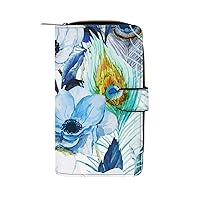 Anemones and Peacock Womens Leather Wallets Slim Card Holder Purse RFID Blocking Bifold Clutch Handbag Zippered Pocket