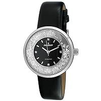Peugeot Women Round Dress Watch - Slim Thin Case with Floating Genuine Diamond CZ and Leather Strap