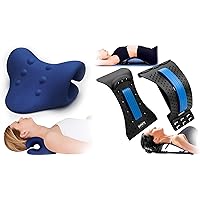 Complete Pain Relief Set: Neck Cloud Pillow & Back & Neck Stretcher Combo - Cervical Decompression, Spinal Health Support with Adjustable Arch Levels - Quality Plush Material DK Blue