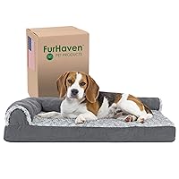 Furhaven Cooling Gel Dog Bed for Medium/Small Dogs w/ Removable Bolsters & Washable Cover, For Dogs Up to 35 lbs - Two-Tone Plush Faux Fur & Suede L Shaped Chaise - Stone Gray, Medium