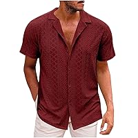 Mens Button Down Beach Shirt Eyelets Short Sleeve Cuban Collared Casual Vacation Summer Tropical Loose Fit Holiday Tops