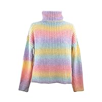 Women's Ribbed Turtleneck Sweater Winter Long Sleeve Knitted Solid Pullover Casual Loose Striped Rainbow Jumper Top
