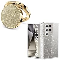 MIODIK for Galaxy S24 Ultra Case + Phone Ring Holder (Gold), Built-in Camera Lens Protector, Clear Glitter Shockproof Protective for Women