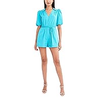 BCBGMAXAZRIA womens Fit and Flare Short Poof Sleeve Tie Waist Button RomperRomper