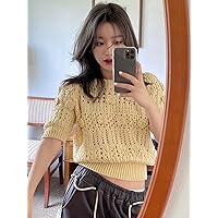 Women's Tops Shirts Sexy Tops for Women Stereo Flower Puff Sleeve Pointelle Knit Top (Color : Yellow, Size : Medium)