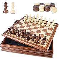 Chess and Checkers Board Game Sets for Adults Wooden Deluxe 15 inch Wood Board Box with Storage, Classic 2 in 1 Large Size with Chess Pieces - 3” King Height - 2 Extra Queens