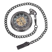 Automatic Self-Wind Luminous Mechanical Pocket Watch Steampunk Style Hollow Skeleton Steel Pendant Necklace Black