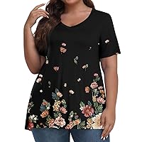 Plus Size Tops for Women 2024 Summer V Neck Short Sleeve Shirts Trendy Print Loose Fit Casual Tunic Blouse L-5XL
