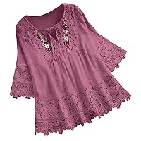 Floral Embroidered Cotton Linen Tops for Women, Women's Casual Crewneck Blouses Fashion Loose Lightweight Short Sleeve Shirts