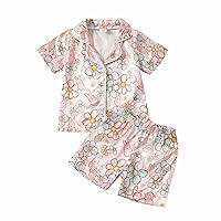 Multitrust Easter Day Kid Baby Girl Boy Silk Pajamas Set Bunny Short Sleeve Button Down Shirts and Pants Rabbit Pj Lounge Set