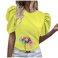 Womens Colored Dandelion T-Shirts Puff Sleeve Round Neck Graphic Tee Shirts Summer Casual Loose Fit Blouses for Vacation