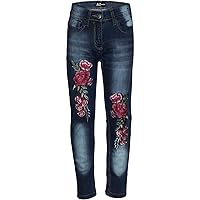 Kids Girls Stretchy Jeans Designer Rose Embroidered Denim Pants Trousers Jegging