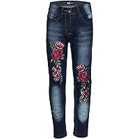 A2Z Kids Girls Stretchy Jeans Designer Rose Embroidered Denim Pants Trousers Jegging