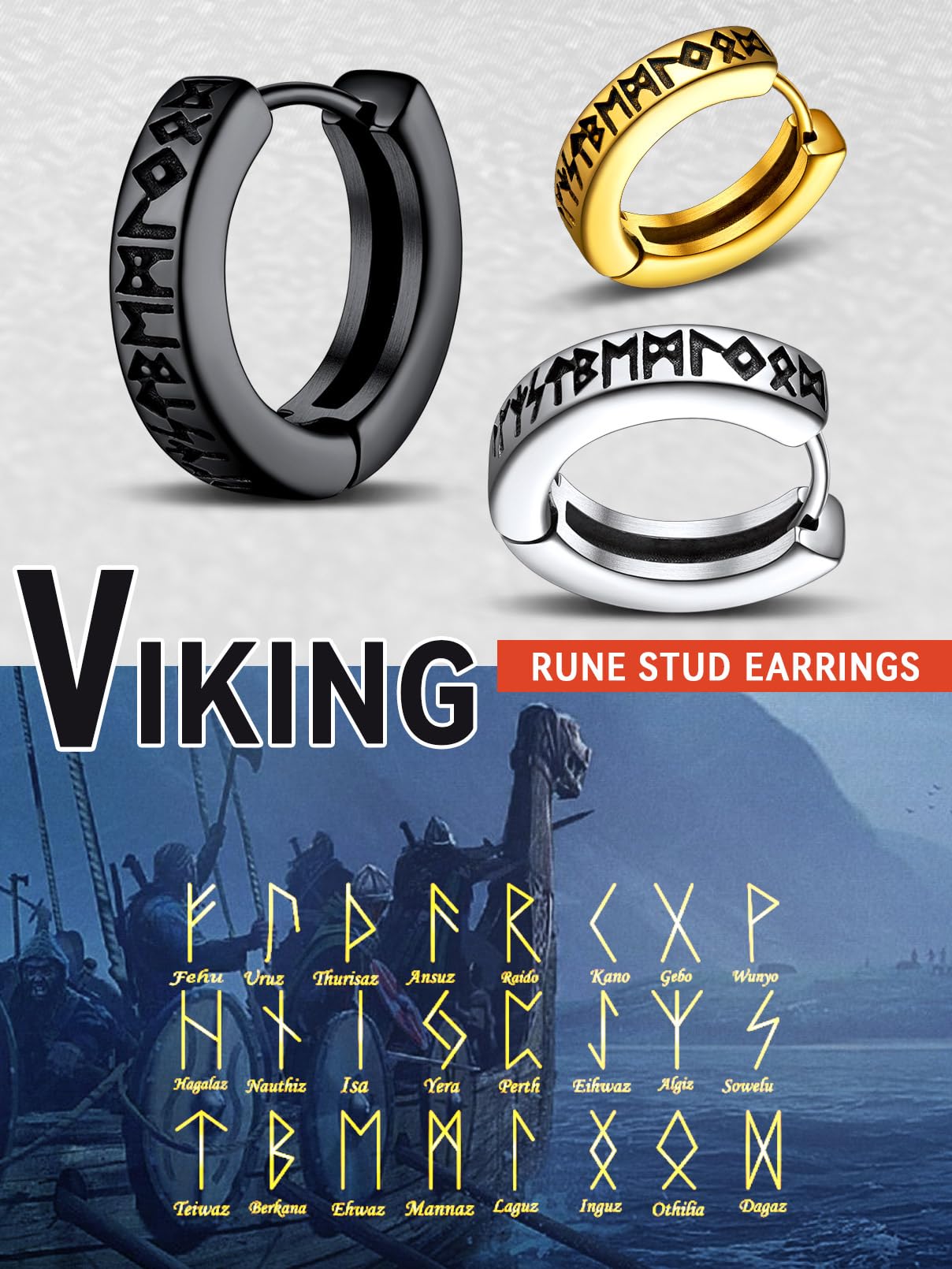 FaithHeart Norse Viking Runes Hoop Earrings for Men Women 12mm Huggie Hoops with Delicate Gift Packaging