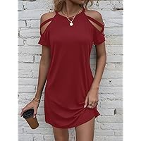Women's Dress Dresses for Women Cold Shoulder Criss Cross Tee Dress Dresses for Women (Color : Red, Size : Small)