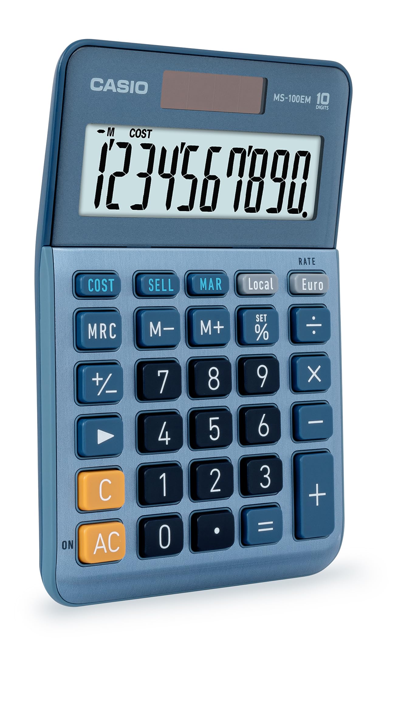 CASIO MS-100EM Desktop Calculator 10 Digit Currency Conversion Cost/Sell/Margin, Aluminium Front, Solar/Battery Operated, Blue
