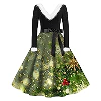Women's Baby Doll Dress Fashion V-Neck Casual Slim Christmas Printed Long Sleeve Woolen Dresses Holiday, S-5XL