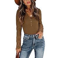 PINKMSTYLE Womens Button Up Henley V Neck Long Sleeve Bodysuit Jumpsuit Tops Brown Large
