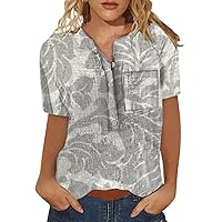 Women's Cotton Linen Tops Short Sleeve Henley Shirt Button Down V Neck Casual Work Blouse Vintage Floral Print T Shirts