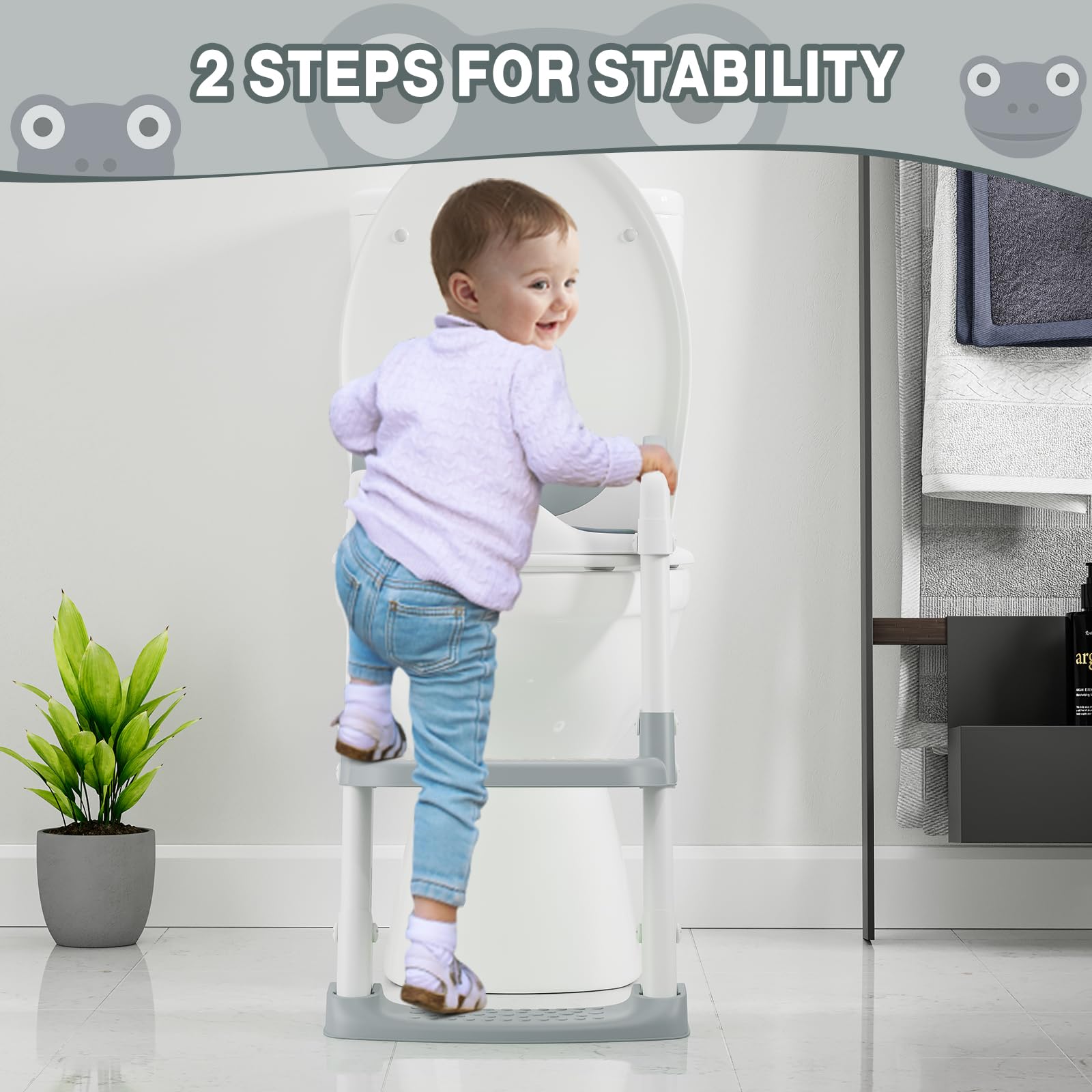 Potty Training Seat with Step Stool Ladder for Toddlers as a Potty Training Toilet Anti-Slip Safe Pads Adjustable Height Legs Gray