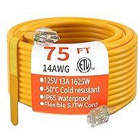 HUANCHAIN 75 ft 14/3 Gauge Heavy Duty Outdoor Extension Cord Waterproof with Lighted, Flexible Cold Weather 3 Prong Electric Cord Outside, 13A 1625W 125V 14AWG SJTW, Yellow, ETL Listed