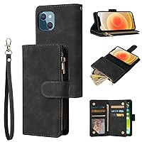 RANYOK Wallet Case for iPhone 14 (6.1 inch) with RFID Blocking Credit Card Holder, Premium PU Leather Zipper Pocket Flip Folio Case Wallet with Wrist Strap Kickstand Protective Case (Black)