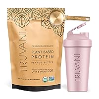 Truvani Vegan Peanut Butter Protein Powder with Pink Shaker Cup & Scoop Bundle - 20g of Organic Plant Based Protein Powder - Includes Stainless Steel Shaker Cup & Durable Protein Metal Scoop