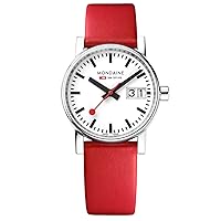 Mondaine Women's evo2 30mm sapphire Big Date Watch with St. Steel polished Case white Dial and red leather Strap MSE.30210.LC
