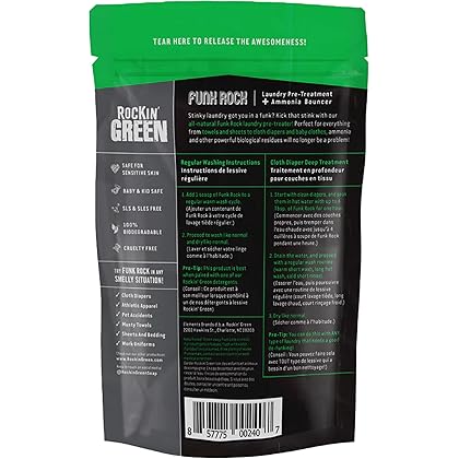 Rockin' Green Funk Rock Ammonia Bouncer (30 Loads), Plant based, All Natural Laundry Detergent Powder, Vegan and Biodegradable Odor Fighter, Safe for Sensitive Skin, 16 oz.