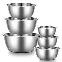 Enther Mixing Bowls - Set of 6 Stainless Steel Mixing Bowls with 304 Stainless Steel - Heavy Duty, Easy To Clean, Nesting Bowls Space Saving Storage, Great for Cooking, Baking, Salad, Silver