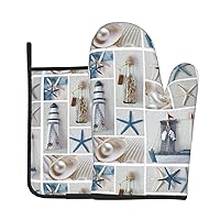 Bottle Seashell Starfish Lighthouse Print Oven Mitts and Pot Holders 2 Pcs Set,High Heat Resistant Gloves for BBQ,Baking,Cooking,Oven
