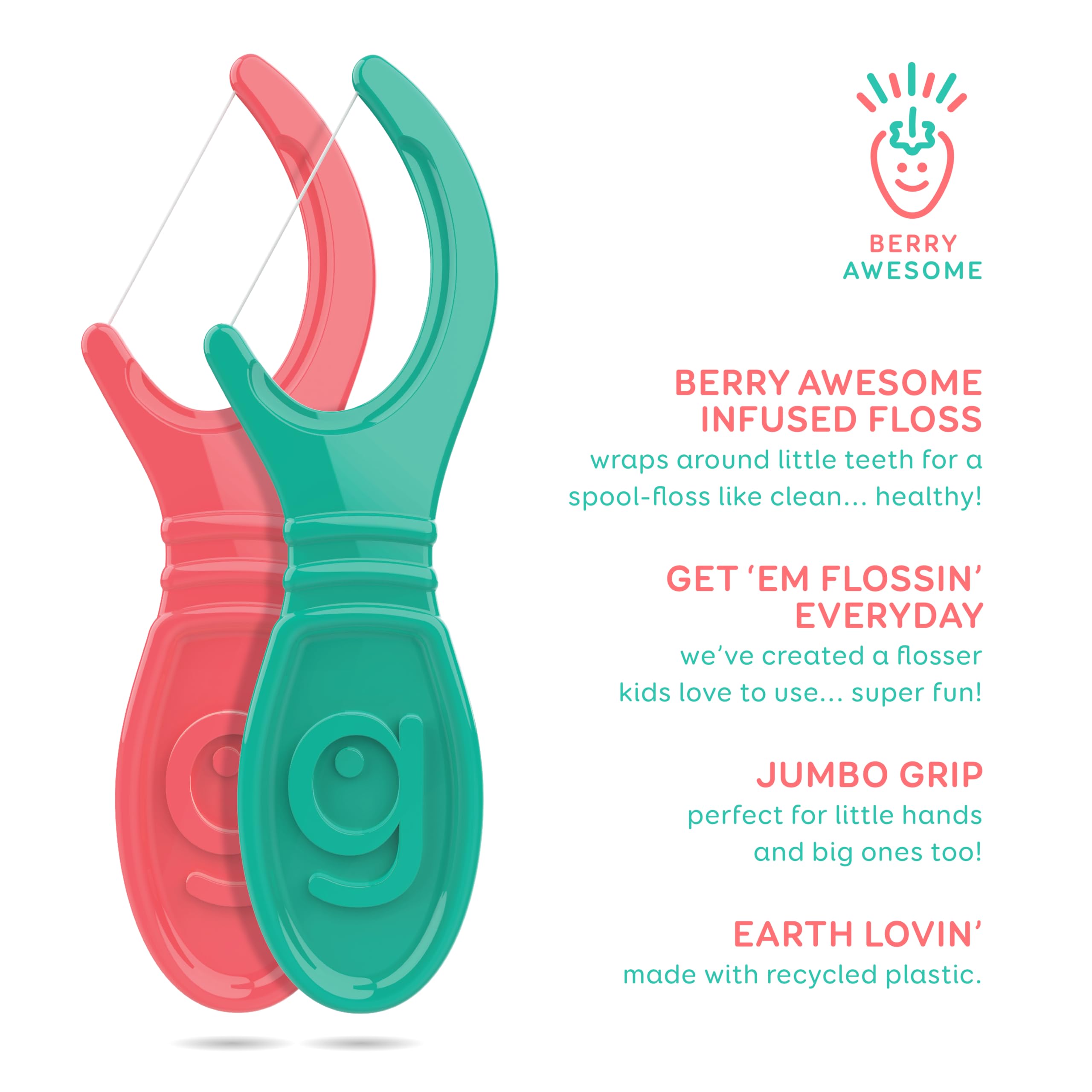 GRIN Kiddo Flossers, Berry Awesome Flavor, Recycled Plastic, Jumbo Grip, Get Your KIDDOS Flossin’ Early, Larger Floss Head, Child Safe! 80 Count, Floss Picks, Dental Flossers