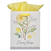 Christian Art Gifts Medium Portrait Scripture Gift Bag, Tag & Wrapping Tissue Paper Set for Women: Rejoice Always Inspirational Bible Verse White Lily, Yellow Lemon, Green/Purple Floral, Satin Handles
