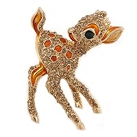 Cute Crystal Baby Fawn/Young Deer Brooch In Gold Tone Metal - 48mm Tall
