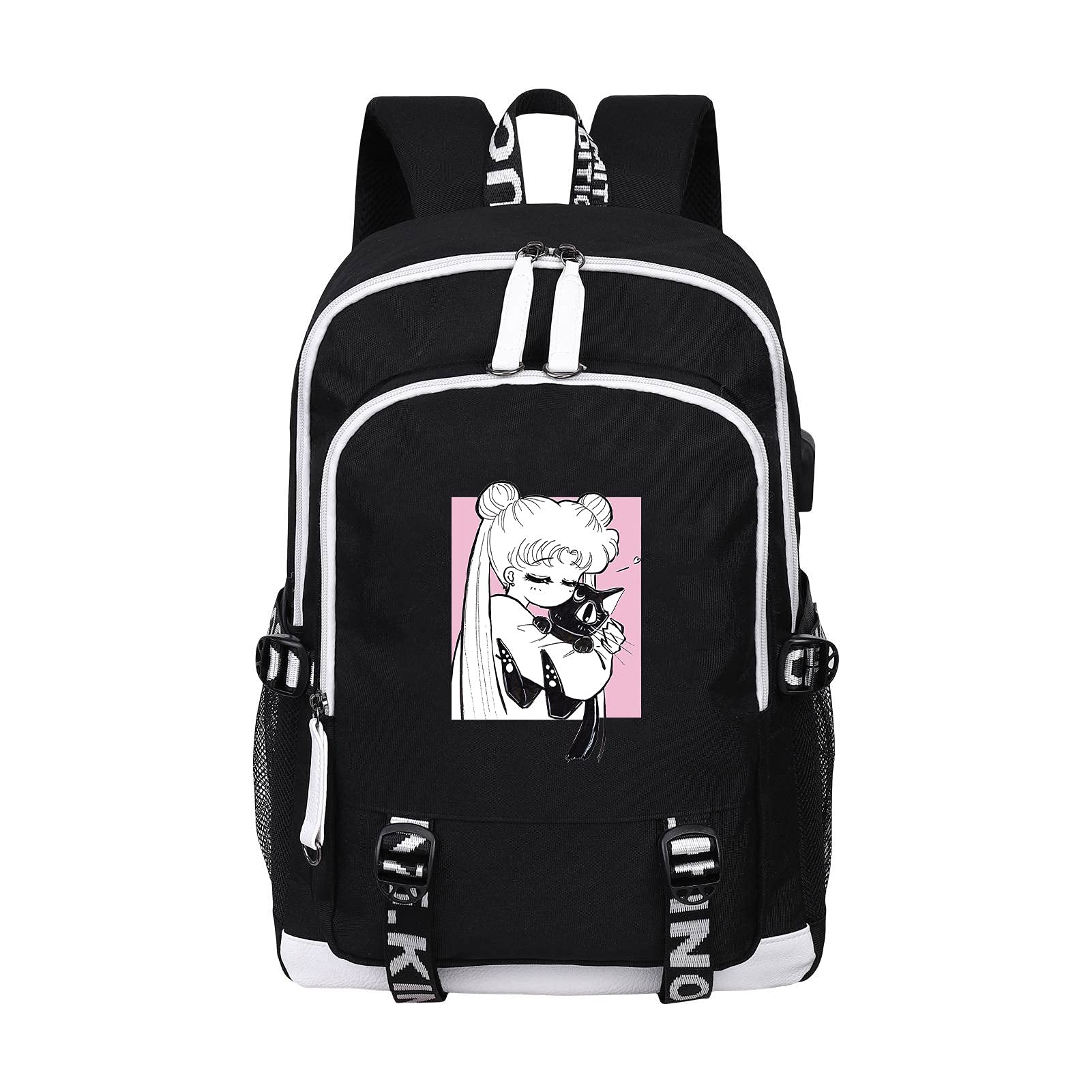 CREPUSCOLO Sailor Moon Backpack Anime School Bag Laptop Daypack with USB Charging Port Luna Bookbag( Black)