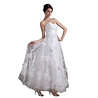 White Strapless Ankle-Length Wedding Dress With Floral Embellishments