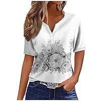 Women Floral Print Henley Shirts Summer Casual Short Sleeve Tops Fashion Loose Fit Button V Neck Pullover Blouses