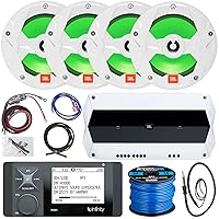 Great 21' - 29' Pontoon Boat Audio System: Bluetooth AM/FM Radio Marine Receiver Bundle Combo with 4X 6.5 2-Way 225W White RGB LED Weather-Resistant Speakers, 4 CH Amp w/Kit, Speaker Wire, Antenna